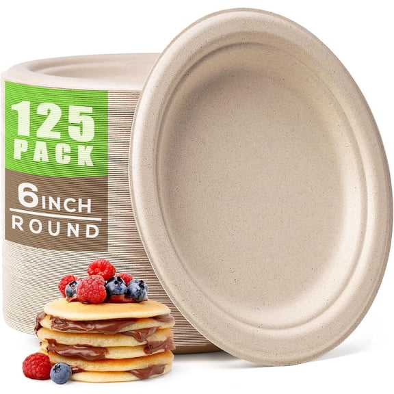 Compostable Small Paper Plates 6 Inch 125 Pack Dessert Plates Disposable Heavy-duty Made of Sugarcane Fiber
