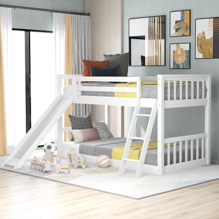 CLEARANCE! Twin over Twin Bunk Bed with Convertible Slide and Ladder  White