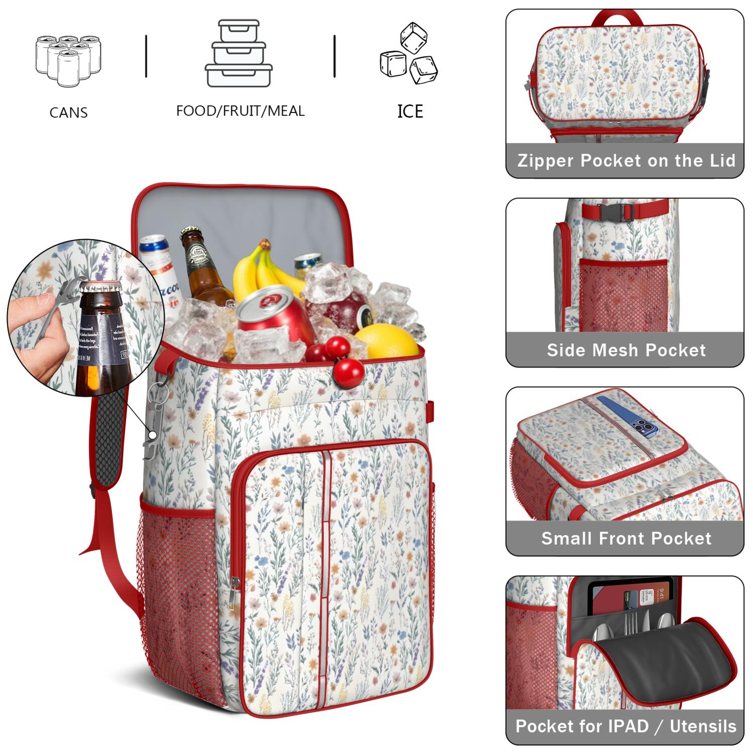 Travel Cooler Bag - Pioneer Flower Floral Print Pattern Camping Beer Cooler Backpack with Bottle Opener- Waterproof Insulated Picnic Backpacks - Cooler Bag for Beach