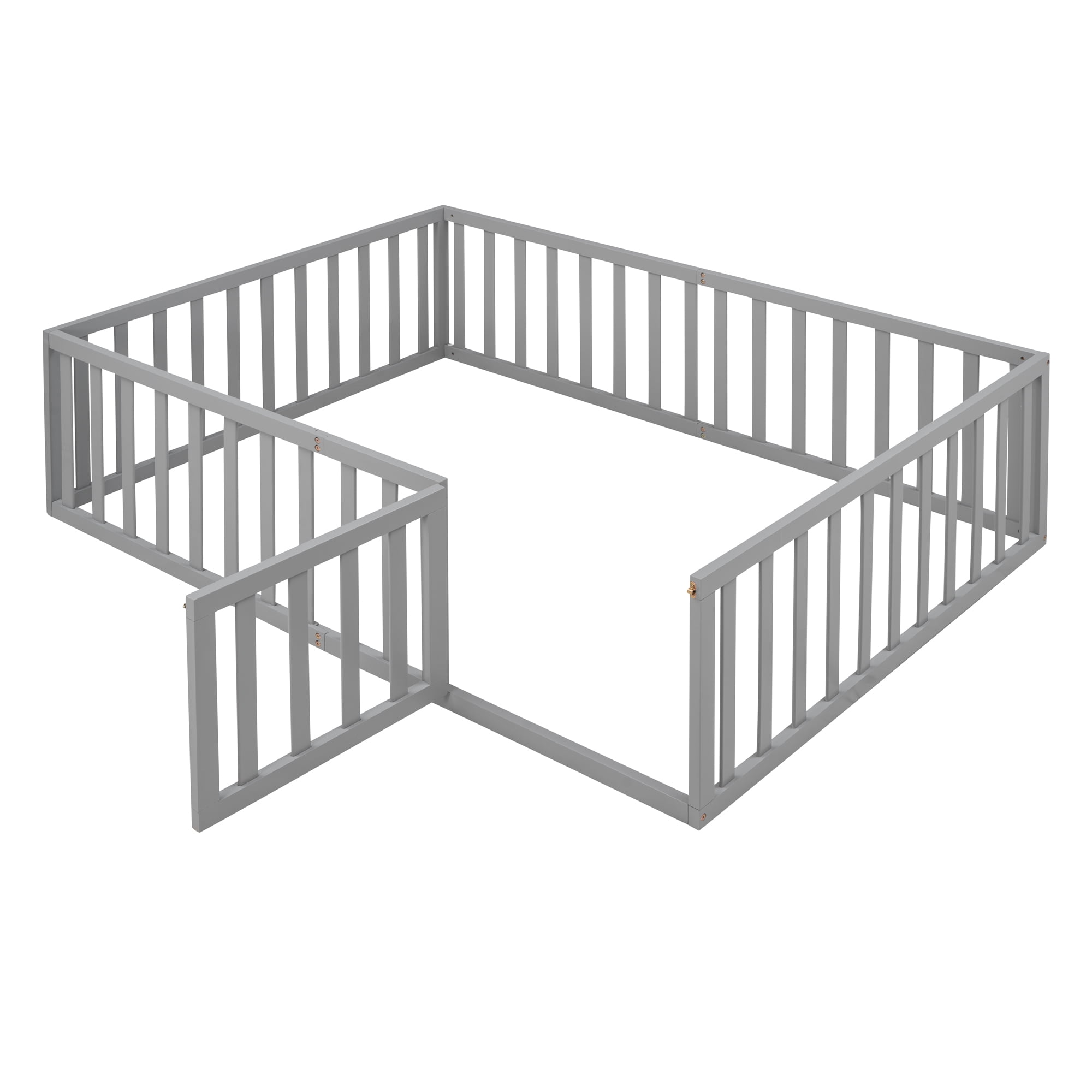 Gewnee Full Size Toddler Floor Bed,Pine Wood Kids Floor Bed Frame with Fence and Door,Gray