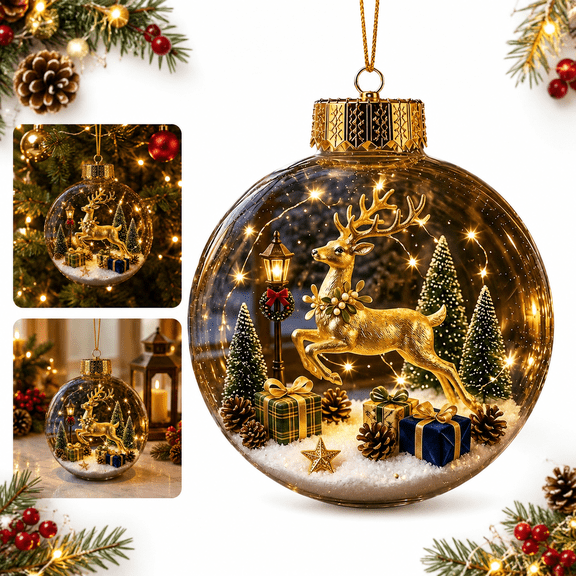 3.15 in Light Up Christmas Ball Ornament, Glowing 3D Mini Holiday Scene with Warm LED Light, Clear Plastic Hanging Tree Decor, Multiple Styles