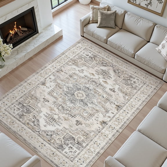 SIXHOME 5'x7' Area Rugs for Living Room Washable Traditional Distressed Carpet Non Slip Soft Retro Floral Indoor Throw Rug for Bedroom Dinning Room Vintage Taupe Brown
