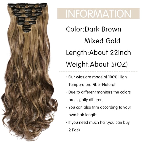 WEIF-22 Inch Clip In Hair Extensions 7 PCS Long Wavy Synthetic Black Hair Extension & Natural Soft Invisible Clip Thick Hairpieces for Women Daily(20Inch, 7pcs, Dark Brown Mixed Gold)