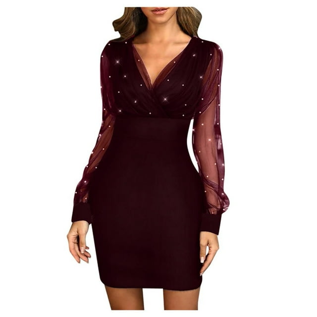 JUNWELL Robe Moulante en Maille Patchwork Perle Manches Longues Robe d'Été Unie Col en V Coupe Régulière Robes pour Femmes Soirée Boîte de Nuit Robe Noire m