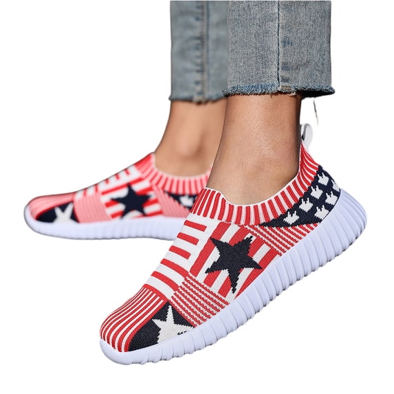 Patriotic Sneakers for Women Knit American Flag Sneakers Slip on Red White and Blue Fourth of July Shoes Star Stripe Summer Comfy Soft Sport Patriotic Shoes Breathable Outdoor,Red 36(US-5.5)