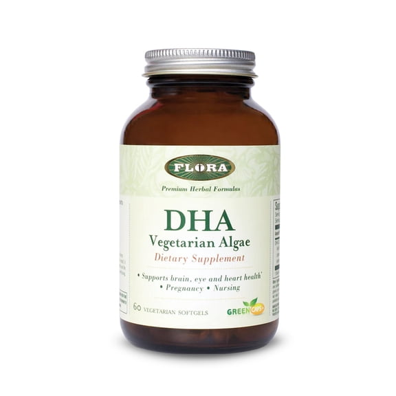 Flora - DHA Vegetarian Algae GreenCaps, Supports Brain and Cognitive Function, Gluten Free, Unrefined Medium-Chain Triglycerides No GMOs, 60 Vegetarian Softgels