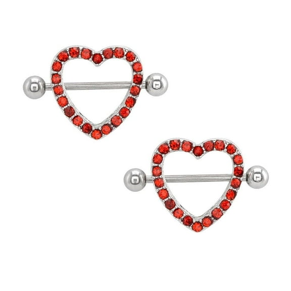 Nipple Shield 14G Red CZ Gem Paved Heart-Shaped with Barbell - Sold in Pairs