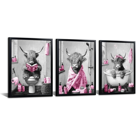 Hieng Highland Cow Bathroom Wall Art 3 Piece Funny Bathroom Pictures Canvas Print Grey and Blue Decor Unframed