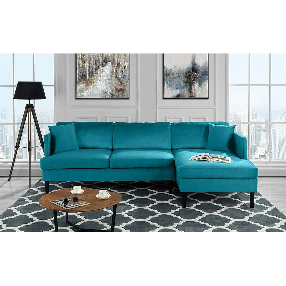 Mid Century Modern Velvet Sectional Sofa, L-Shape Couch (Blue