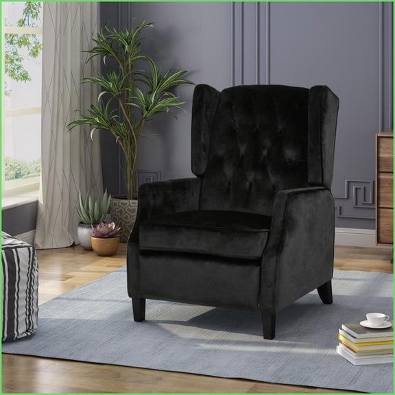 Recliners Pushback Wingback Accent Chair, Mid-Century Black Polyester Recliner with Rivets | Birch Frame | Living Room Bedroom