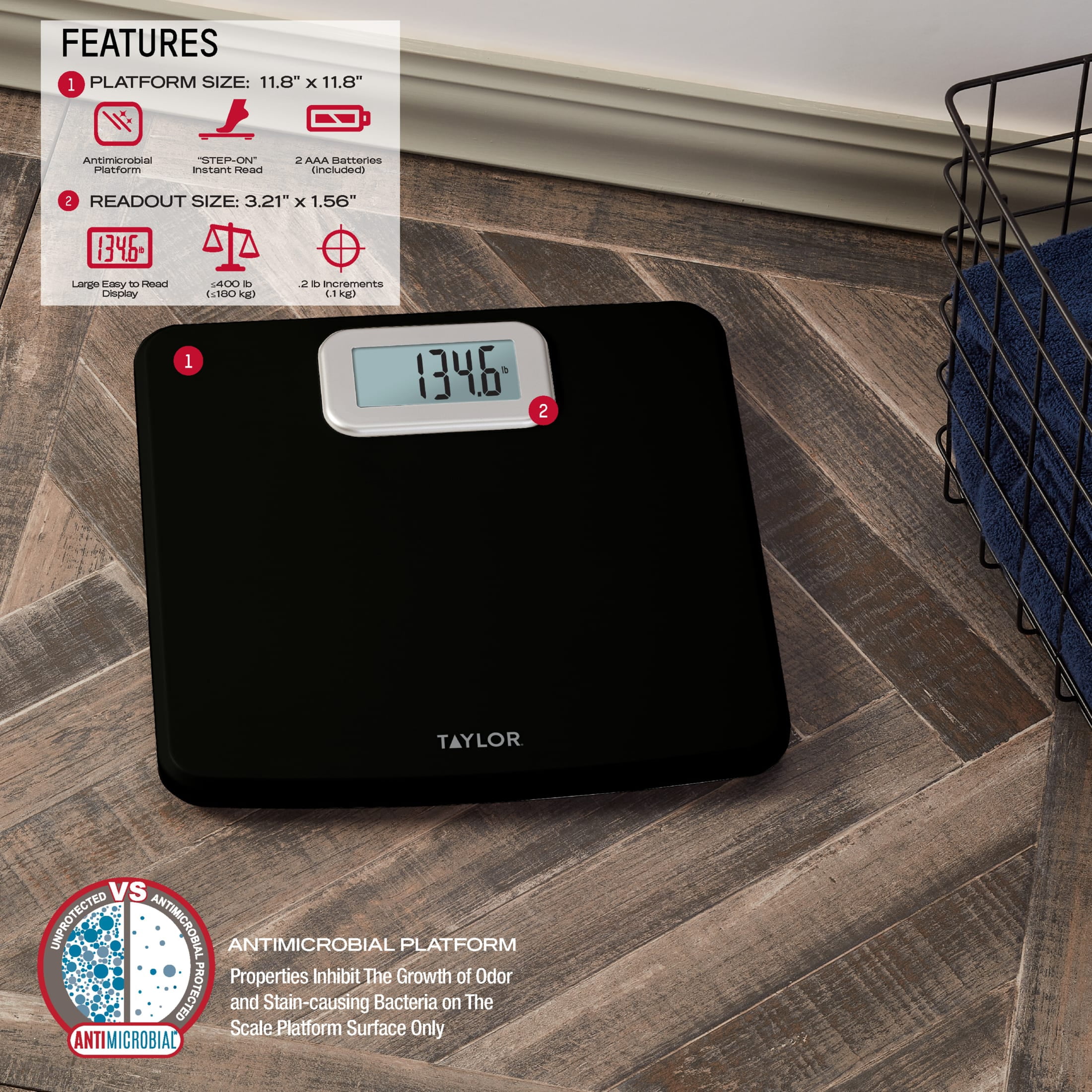 Taylor 11.8 inch by 11.8 inch Digital Bath Scale, Black