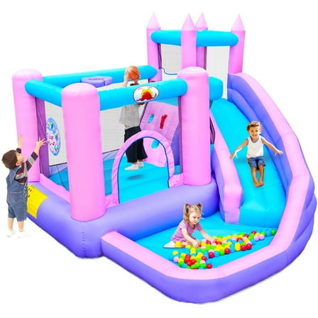 WELLFUNTIME Inflatable Bounce House with Blower Slide for Kids 3-10, 108" x 122" x 86" Jumping Castle with Ball Pit, Pink Bouncer for Backyard
