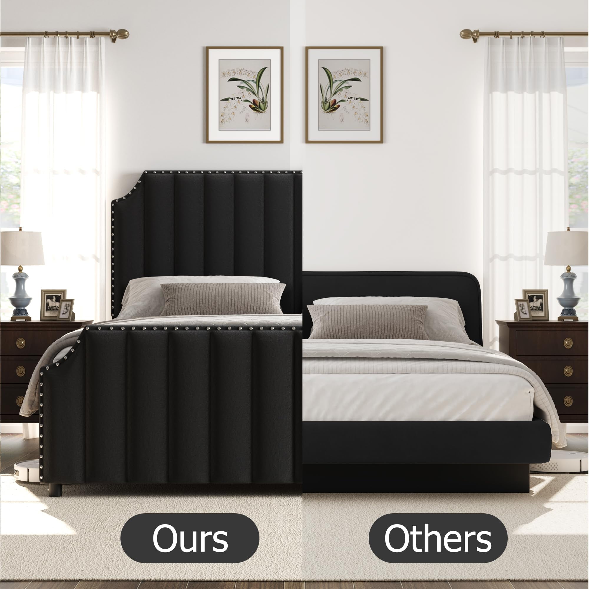 Huisuilinss Queen Bed Frame,Upholstered Platform Bed Frame,Velvet King Size Bed Frame With Nailhead Trim Headboard & Footboard,No Box Spring Needed,Noise Free,Wooden Slats
