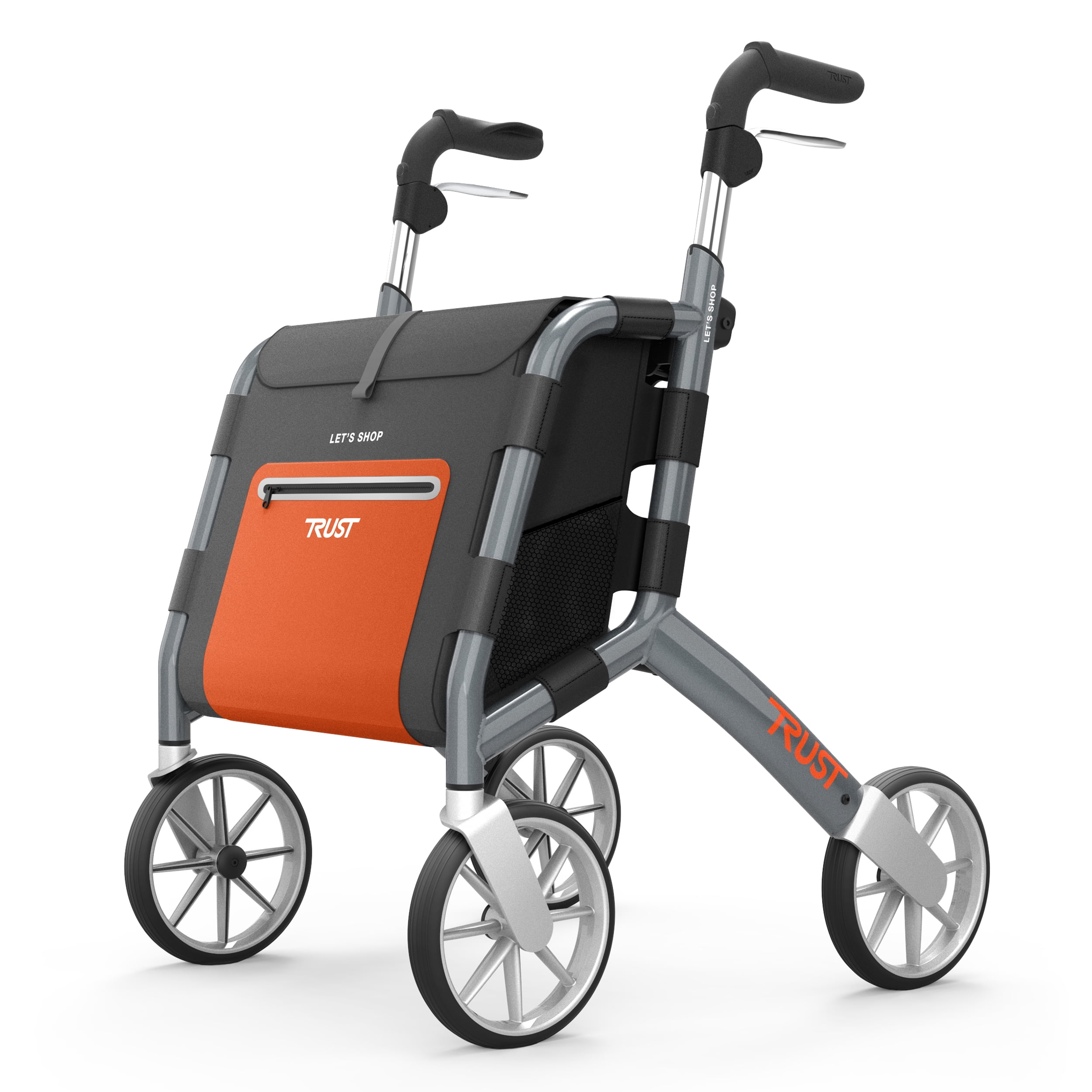 Let's Shop Rollator, Four Wheel Portable Walker with Storage Bag, Gray