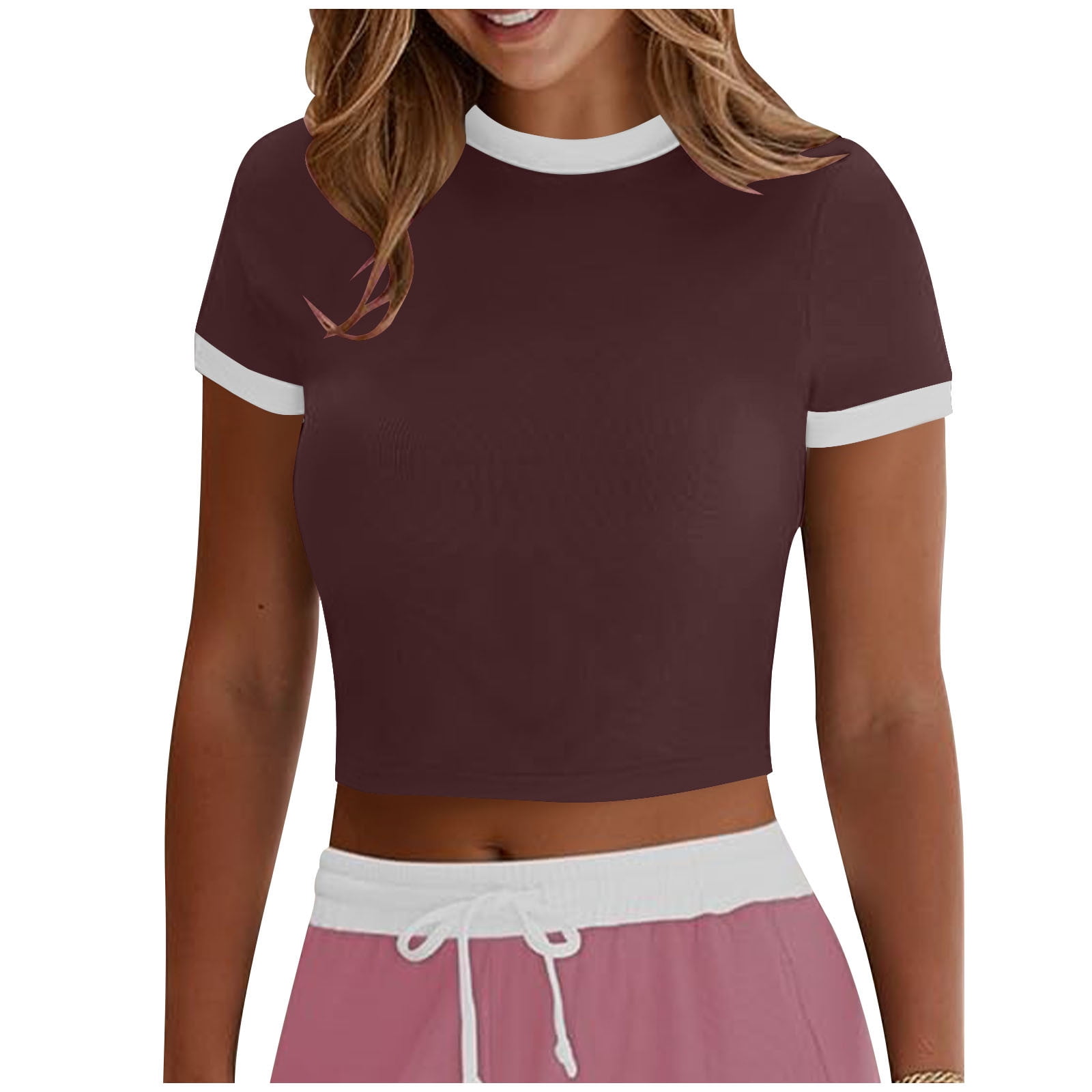 Plebaso Hauts Courts pour Femmes Manches Courtes Col Rond T-Shirts Ajustés Décontractés Mignons T-Shirts Basiques pour Femmes 2025