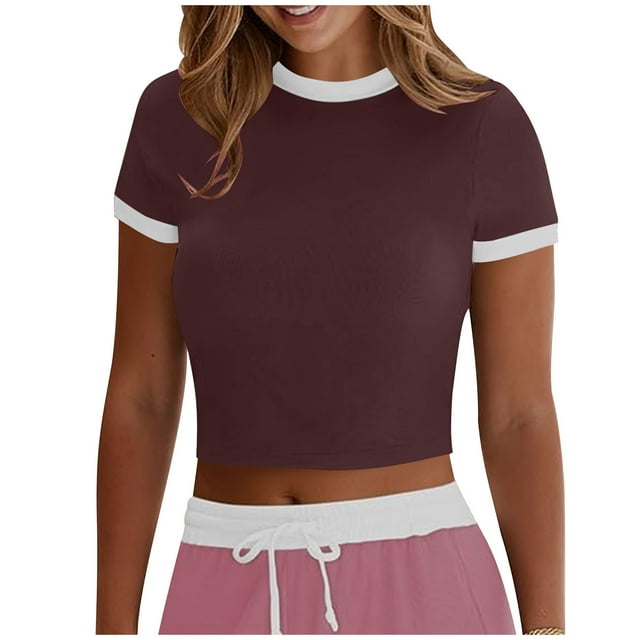 Plebaso Hauts Courts pour Femmes Manches Courtes Col Rond T-Shirts Ajustés Décontractés Mignons T-Shirts Basiques pour Femmes 2025