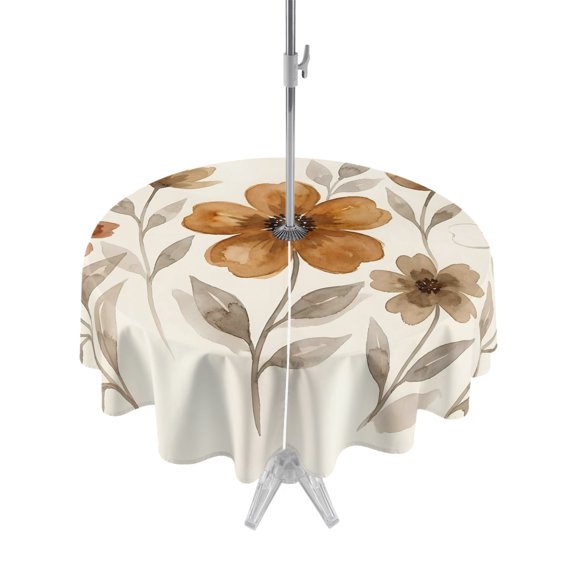 Outdoor Tablecloth with Umbrella Hole for Patio/Picnic/Party/Camping, Brown Rustic Flower Waterproof Table Cloth Round Cover Washable, Watercolor Retro Floral Leaves Pastoral (Dia 54")
