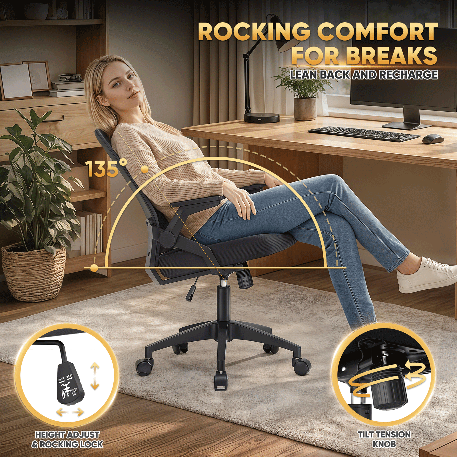 Magshion Ergonomic Mesh Office Chair with Flip-Up Armrests, Adjustable Height & Reclining High Back, Black