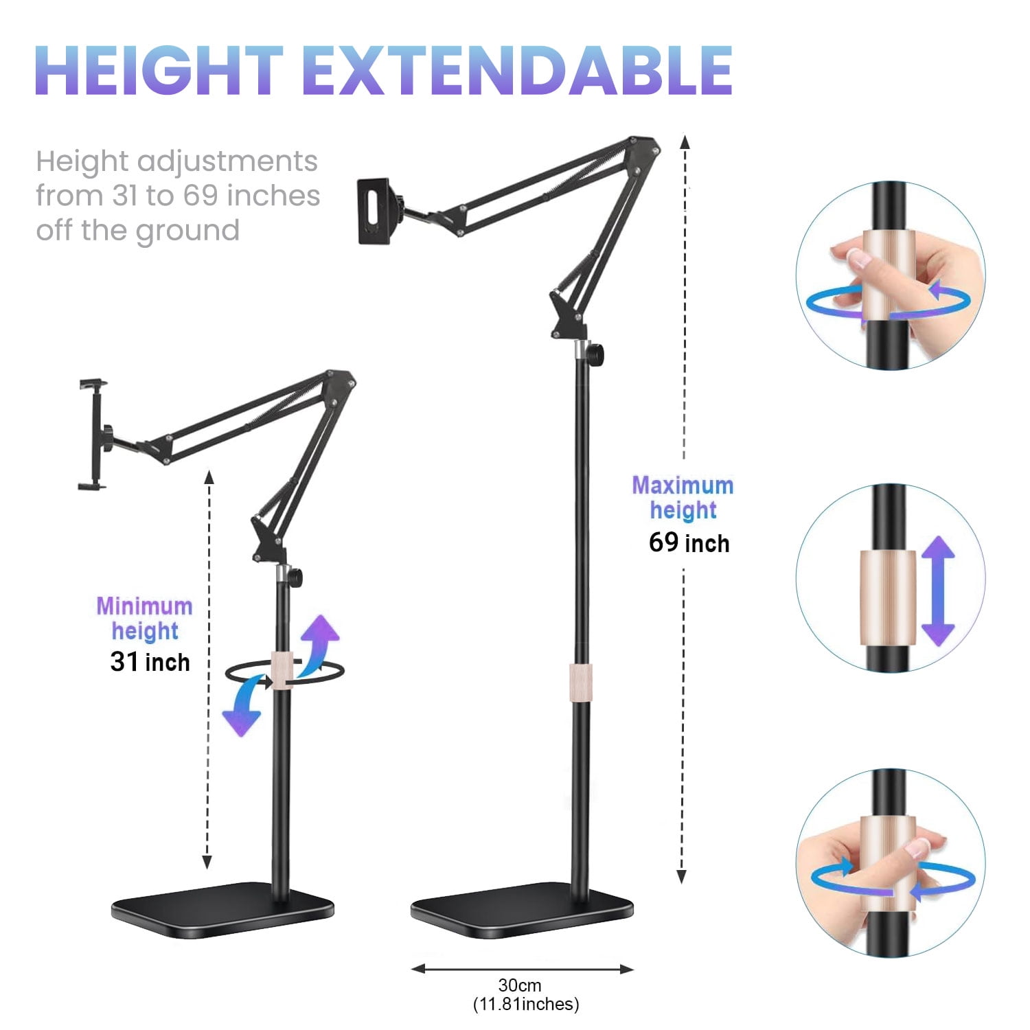 Hanru Tablet Floor Stand, 69" Height Adjustable 360-Degree Rotatable Tablet Holder, Thickened Stable Base, Arm Stretchable Stand, Overhead Bed Phone Mount（4"~12.9"）