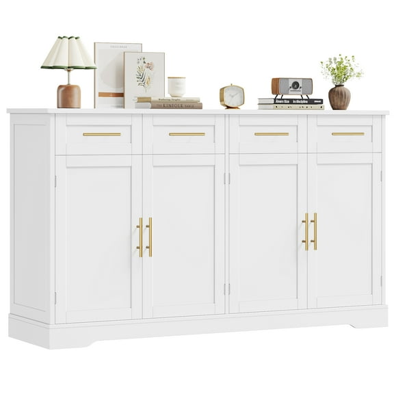 Homfa Modern Buffet Cabinet with 4 Drawers and 4 Doors, 59" W Sideboard Buffet Storage Cabinet with Shelves, for Kitchen Living Room Bedroom, White