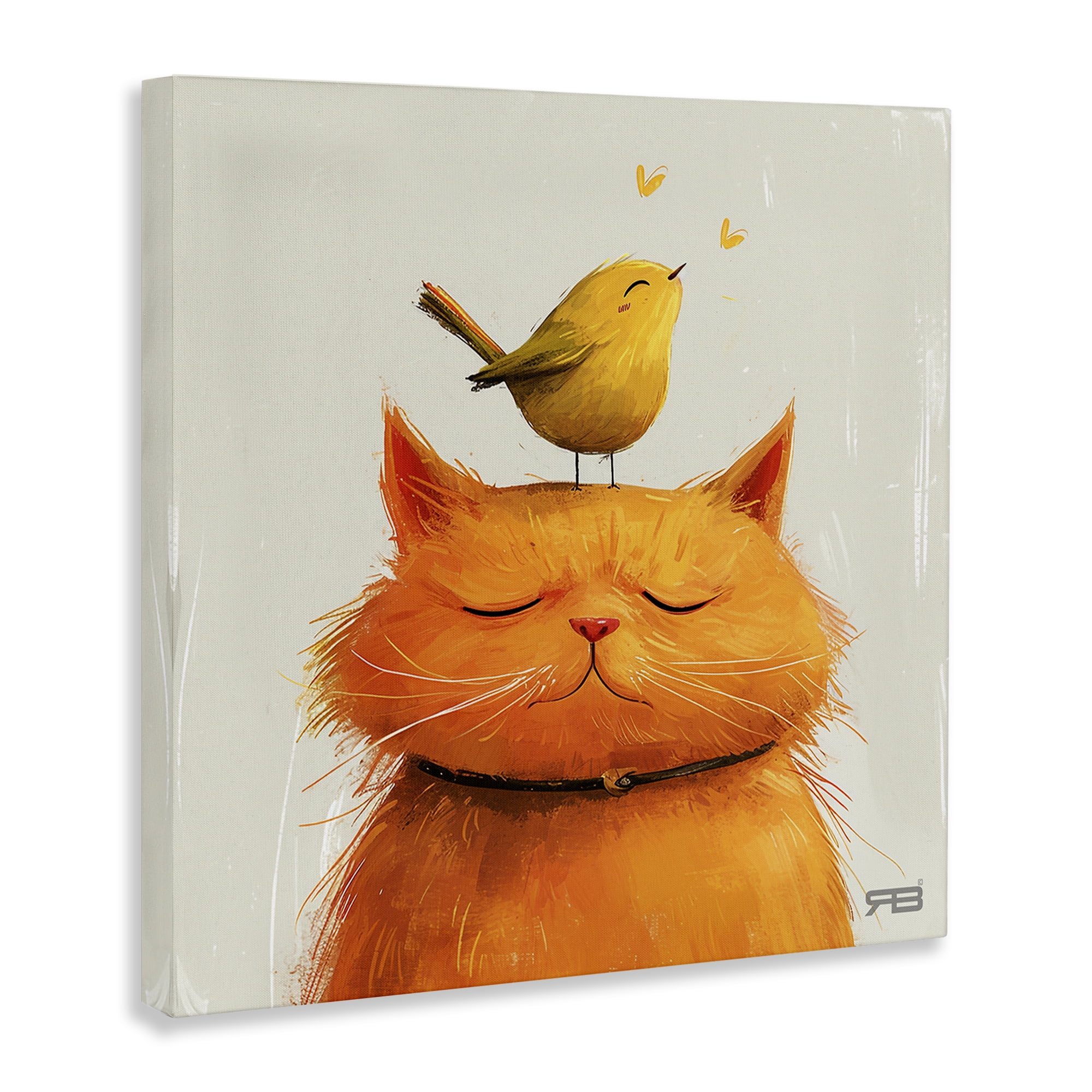 Stupell Industries Bird Perched on Cat Animals Painting Wrapped Canvas Art Print Wall Art, 17 x 17