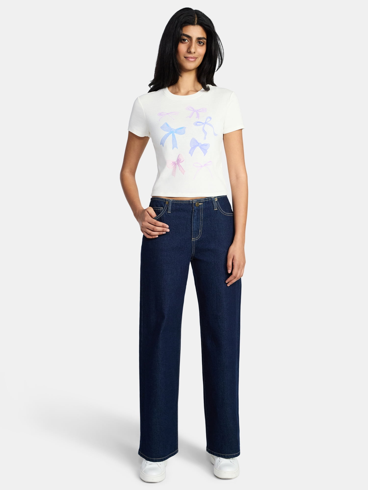 Bow Grid Watercolor Women's Graphic Cropped Baby Tee with Short Sleeves, Sizes XXS-XXL