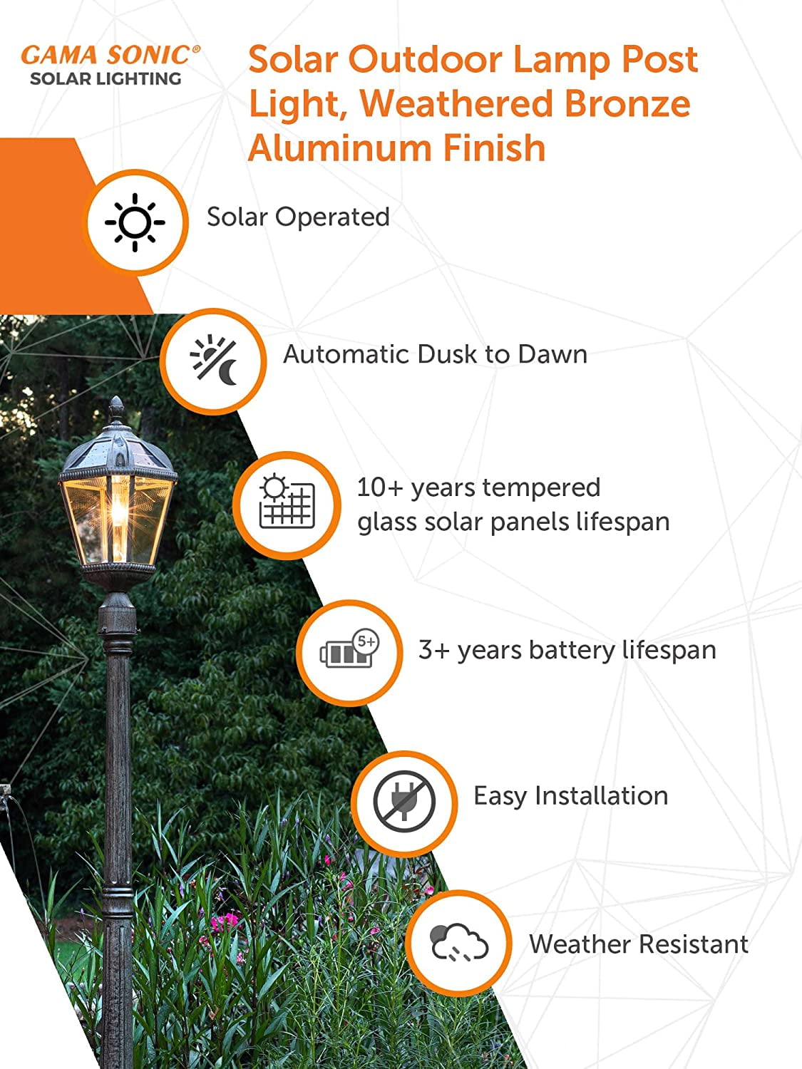 Gama Sonic Solar Outdoor Lamp Post Light, Weathered Bronze Aluminum Finish and Beveled Glass Panels, 10-Year Royal Bulb, Warm White LED with Omni-Direction Reflector, 87-inch Height, 98B301