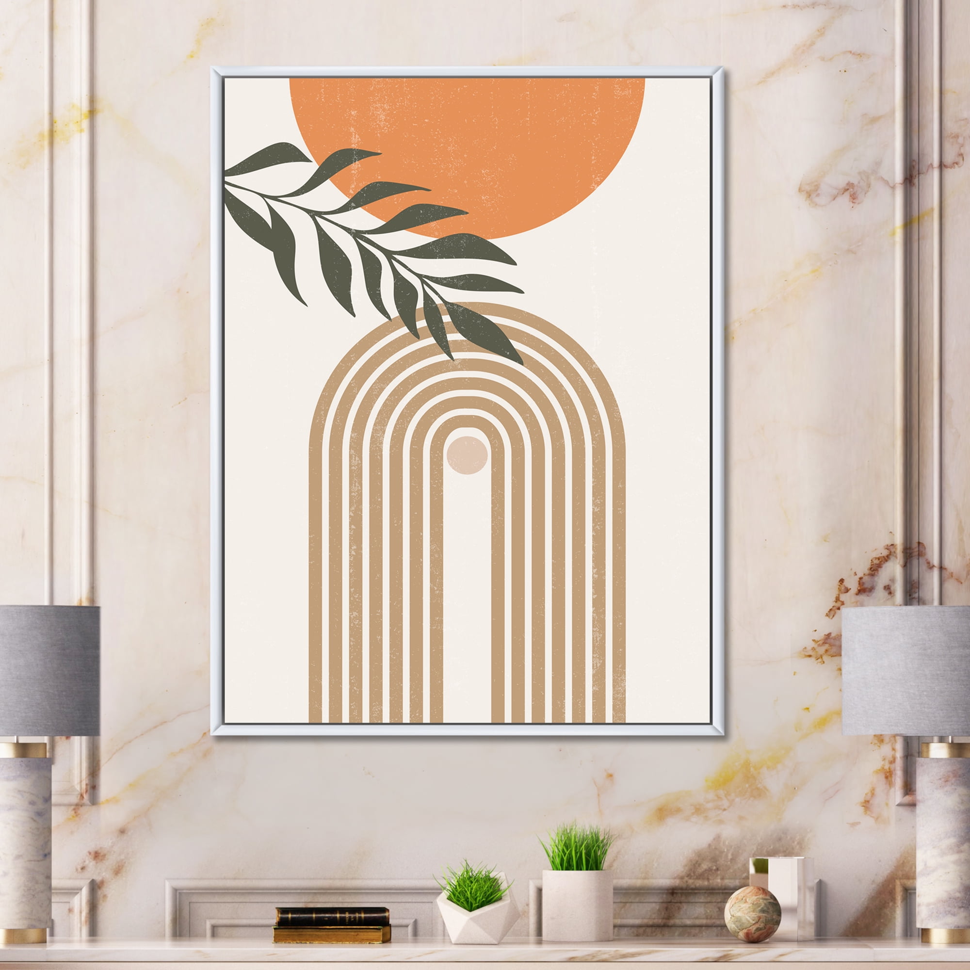 Designart 'Abstract Moon Sun Leaves I' Modern Framed Canvas Wall Art Print