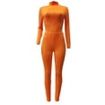 thumbnail image 2 of Women's Casual Jumpsuit Long Sleeve Onesies Solid Color High Neck Bodysuit and Pants Playsuit Orange S, 2 of 9