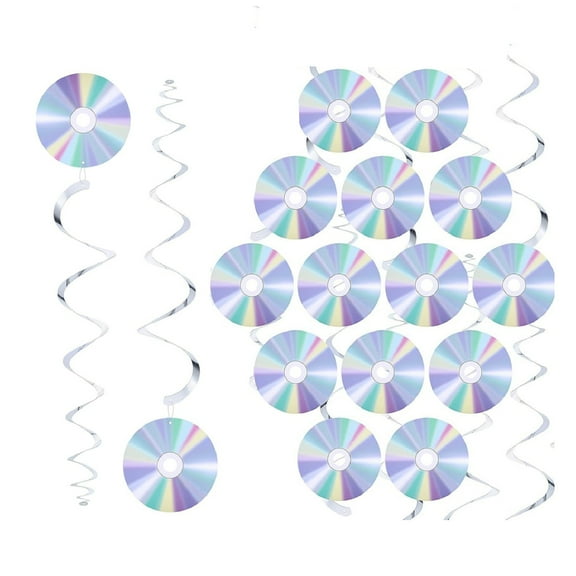 QZS 90's Party Decorations,6.3In Iridescent CD Theme Swirls Ceiling Streamers,16Pcs Retro 90s Music Party Decorations for Birthday,Music Supplies