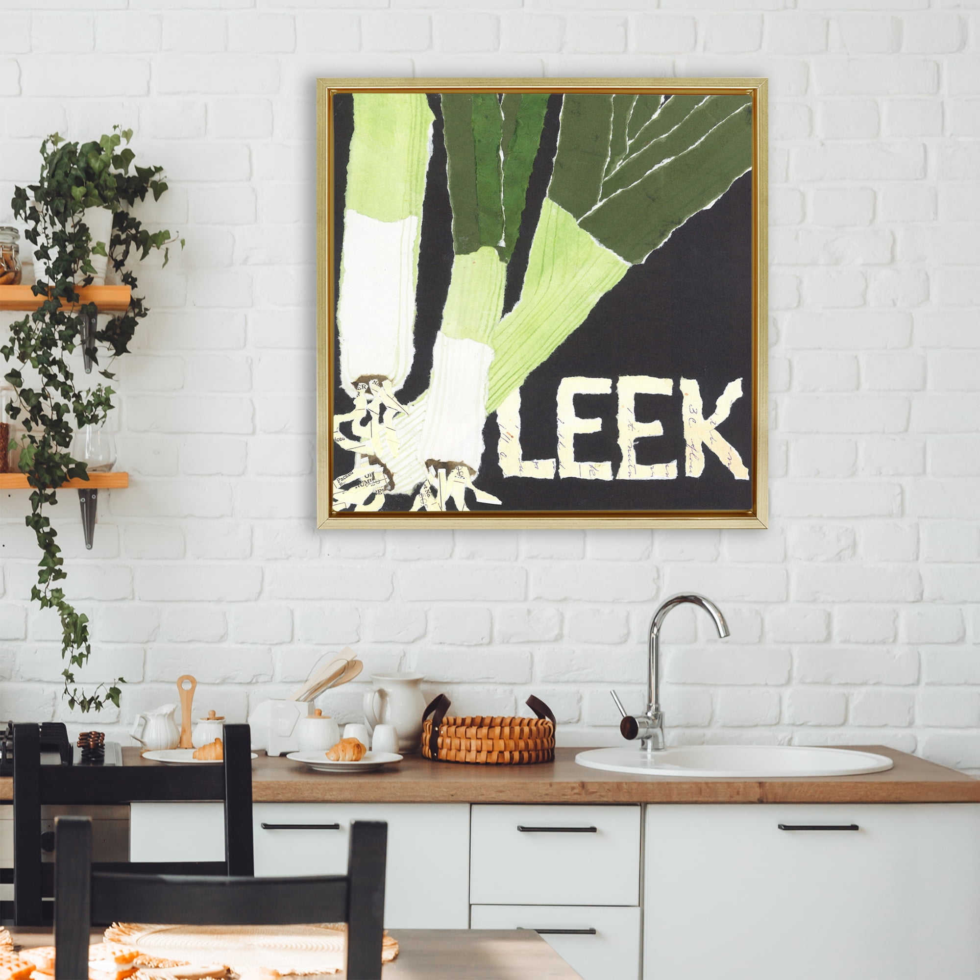 Stupell Industries Collaged Leek Vegetable Gold Framed Floater Canvas Wall Art, design by Nancy Overton