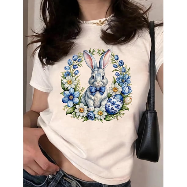 Camiseta de manga corta con estampado floral de conejito y huevo de Pascua, top informal elástico para mujer, perfecto para uso diario en primavera y verano. Camiseta para adultos, hombres, mujeres, a