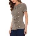 thumbnail image 4 of INSPIRE CHIC Women's Short Sleeve Button Decor Ruched Front Casual  Basic T-shirt XL Brown, 4 of 6