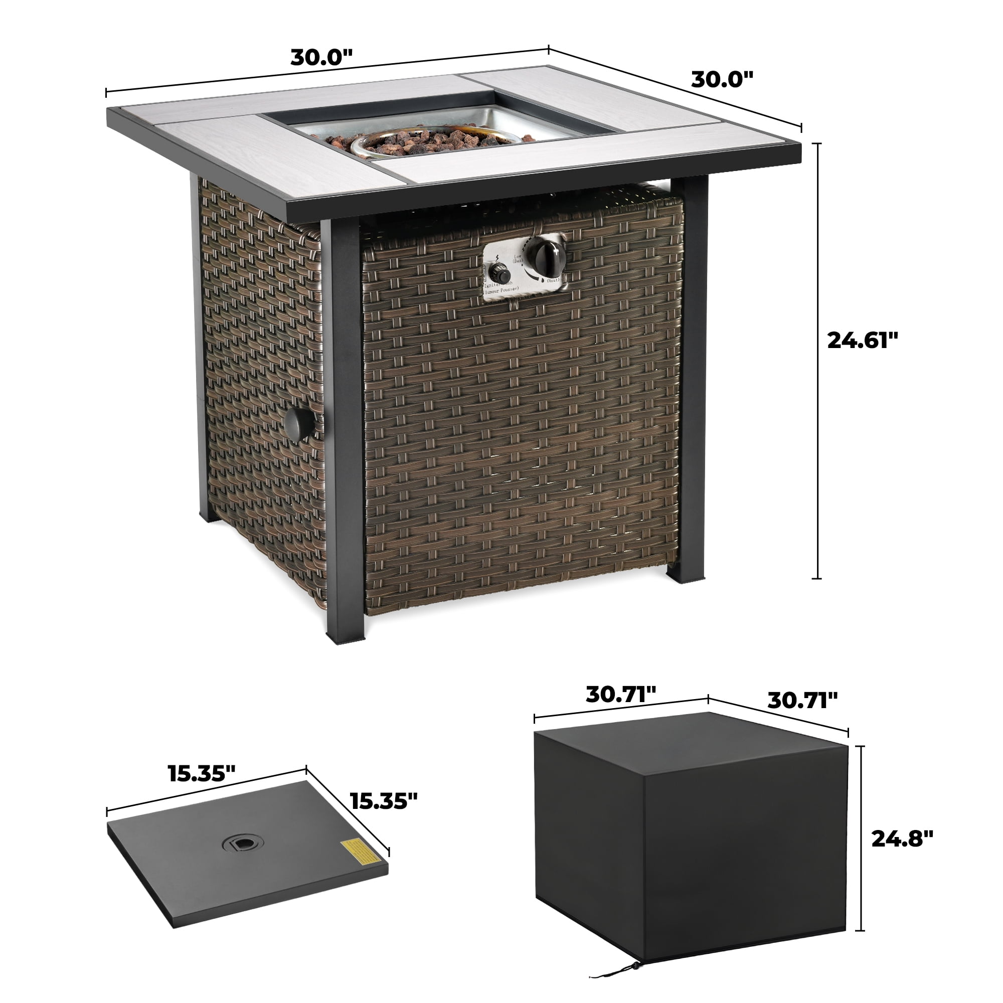 Ovios 30 Inch Propane Fire Pit CSA-Listed Outdoor Fire Pit Table, 50,000 BTU Wicker Gas Fire Pits for Outside with Lid and Lava Rock on Patio Deck Garden Backyard