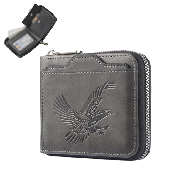 Lanola Men's Vintage Eagle Embossed Short Wallet, Zippered Slim Leather Wallet, 3D Eagle Short Wallet for Travel & Daily Use (A1)