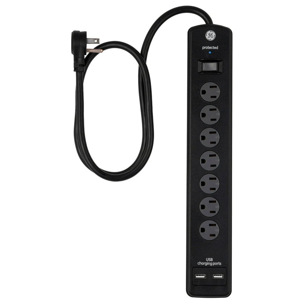 GE Pro 7Outlet 2 USB Surge Protector Extension Cord, Black, 3 ft