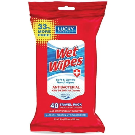 6 Pack - Lucky Super Soft Soft Antibacterial Wet Wipes, 40 ea