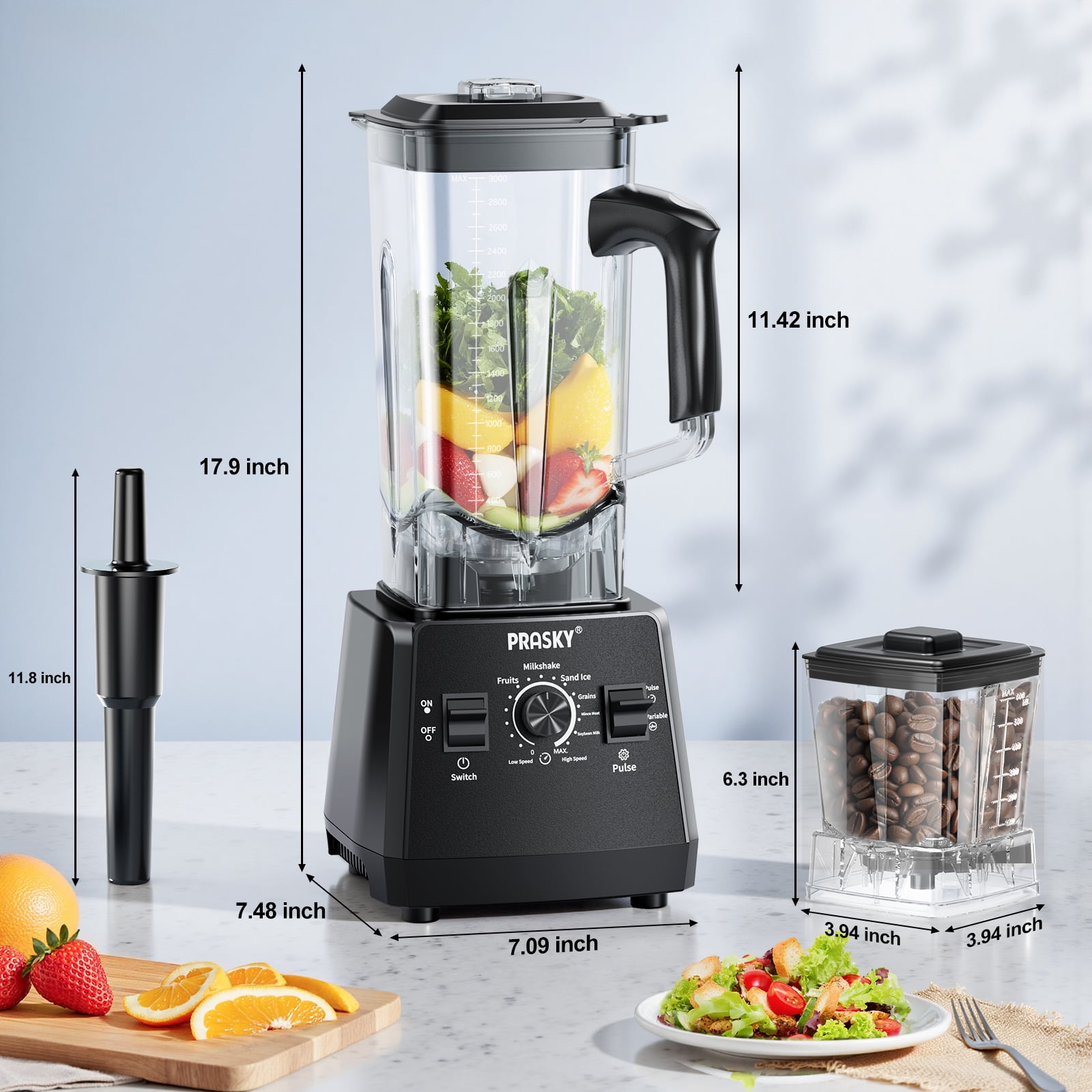 PRASKY 2-in-1 Professional Countertop Blender 96oz Large Capacity 1000W Blender for Smoothies Fruit