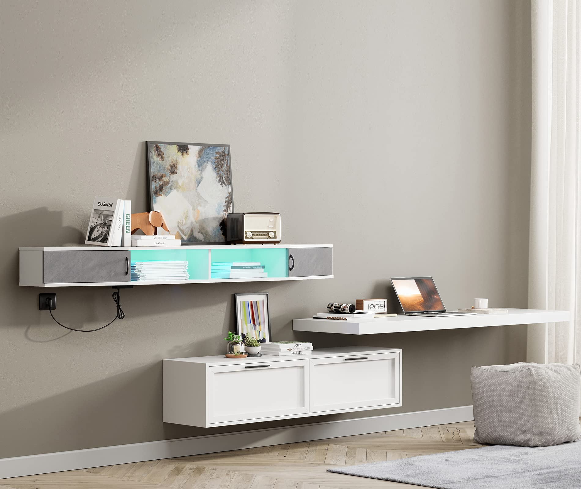 Floating TV Stand Wall Mounted Shelf with Colorful LED Lights, Wood Media Console Entertainment Center Under TV, Cabinet Hutch Desk Storage for Home and Office,Black