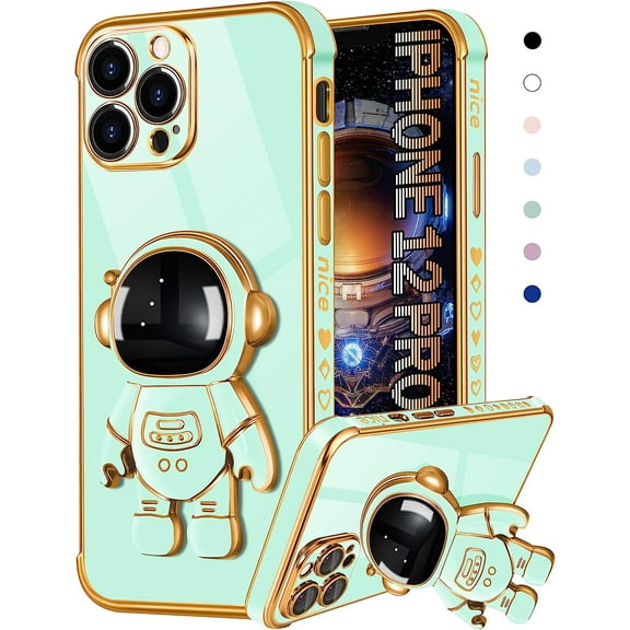 for iPhone 12 Pro Case Astronaut Cute for Women Girls Girly Unique Light Green Phone Cases with Astronaut Hidden Stand Kickstand 6D Design Cover for iPhone 12Pro 6.1 inch