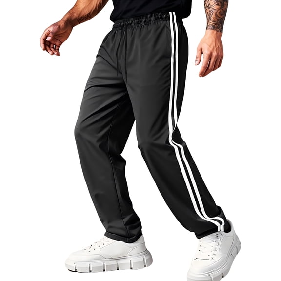 Delconic Men Athletic Track Pants with Side Stripes Elastic Waistband Lightweight Sportswear Casual Loose Fit Trousers for Workout Running Training Walking Black L