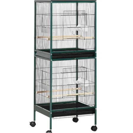 JERFIT 55" Indoor Wooden Parrot Cage with Stand, Rolling Bird Aviary for Finches, Budgies, Canaries, Multi-Door Design, Easy Clean Green Cage