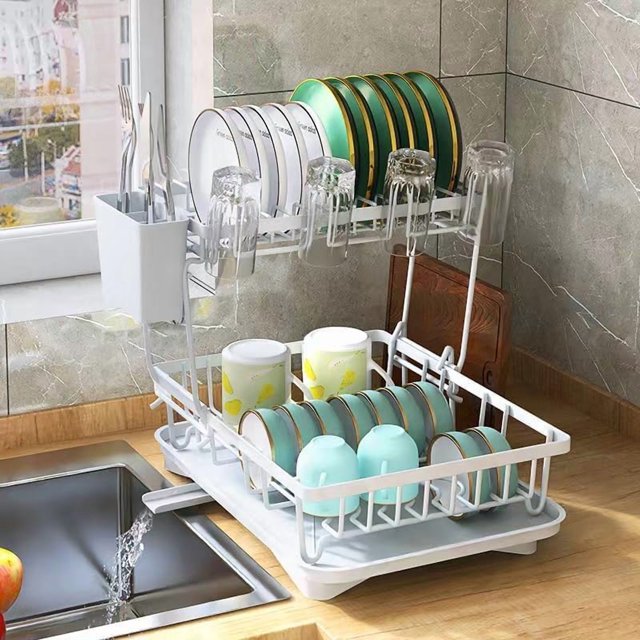 TEMOGU-Dish Drying Rack, 2 Tier Dish Racks with Drain Board, Large Stainless Steel Dish Rack for Kitchen, Egouttoir a Vaisselle with Removable Utensil Holder and Cup Holder, (White)