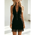 thumbnail image 2 of Morttic Sexy Sleeveless Fringe Dress for Women – Deep V-Neck Solid Color Faux Leather Bodycon Mini Dress with Zip Up Black，XL, 2 of 6