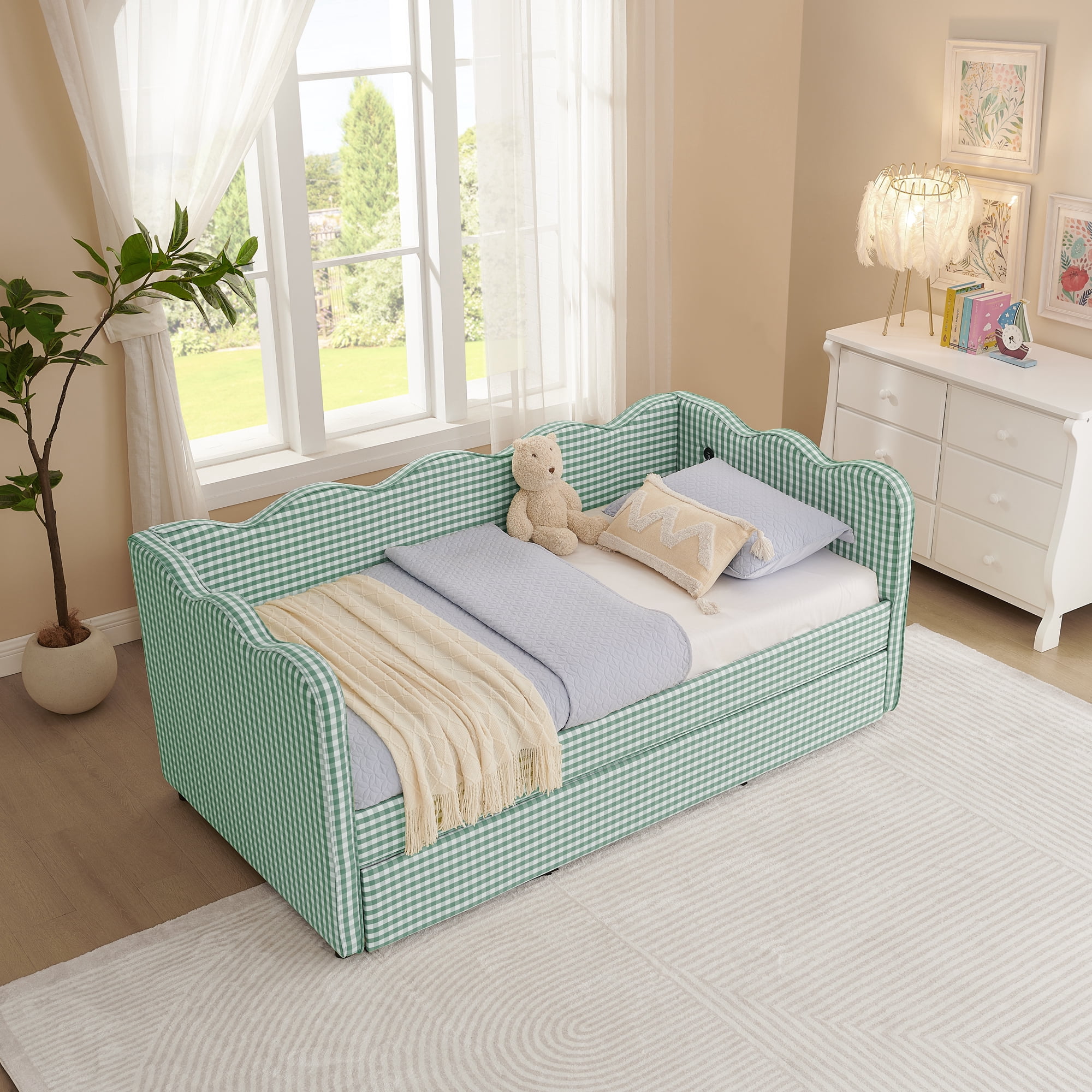 GARITIN Twin Size Daybed with Trundle, Gingham Sofa Bed with USB Port and Wavy Shape Headboard for Kids Room, Cyan