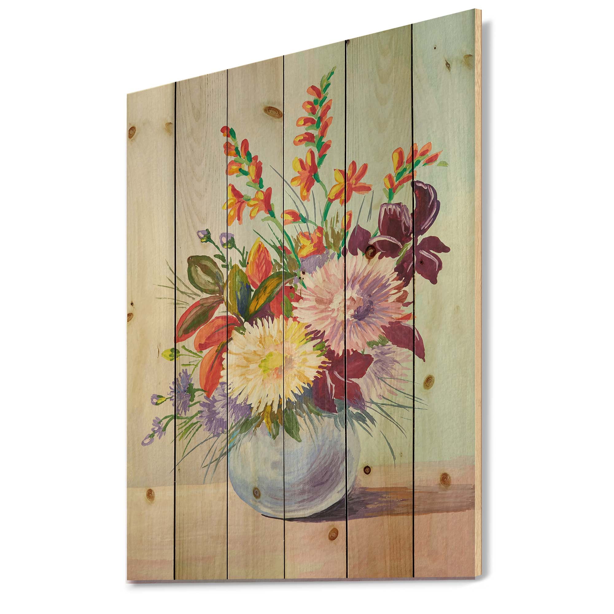 Designart 'Still Life With Asters On Colorful Flowers In Vase' Traditional Print on Natural Pine Wood