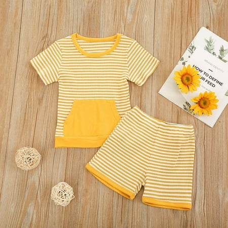 

CHGBMOK Clearance Toddler Baby Stripe Short-Sleeved Pullover Shorts Pocket Solid Color Suit