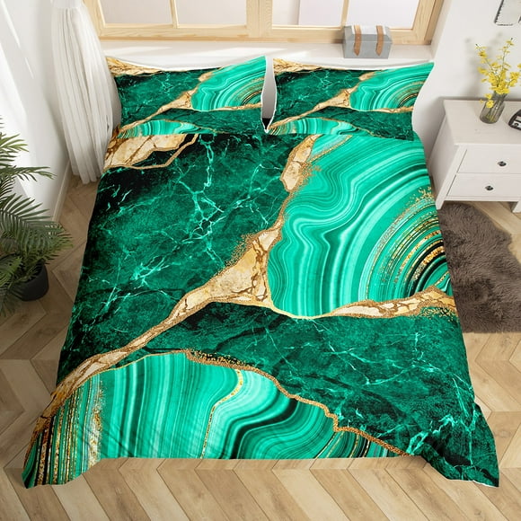 Gold Teal Marble Duvet Cover Queen, Marbling Crack Print Bedding Set For Boys Man, Abstract Metallic Texture Comforter Cover, Luxury Shinny Room Decor Boho Hippie Fluid Quilt Cover
