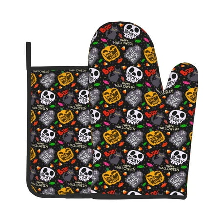

Lukts Pumpkin And Flying Bat Print Kitchen Heat-Resistant Gloves and Spacers 2pcs Set Suitable for Baking and Cooking