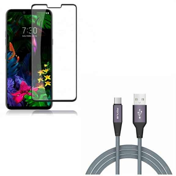 G8 ThinQ Screen Protector w 6ft USB Cable - Tempered Glass 3D Curved Edge Case Friendly Full Cover, Type-C Charger Cord Power Wire USB-C for LG G8 ThinQ Phone